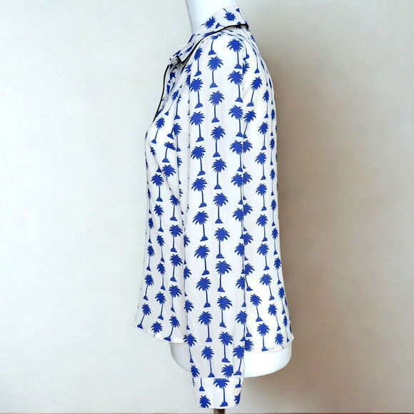 Topshop Women's Blue Palm Trees & Black Piping Button-Down Blouse | US 4 / UK 8 - Picture 8 of 10